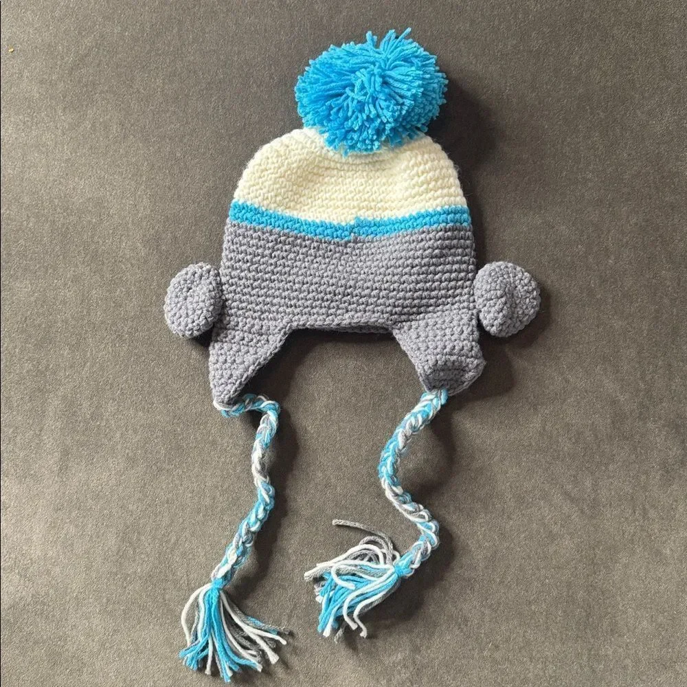 Daisy Baby Kids Sock Monkey Beanie Hat Gray with Blue Pom 2-7 Photography NEW